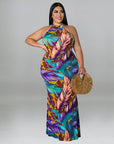Plus Size Women Double Wear Leaf Print Sleeveless Mermaid Bodycon Maxi