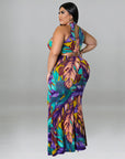Plus Size Women Double Wear Leaf Print Sleeveless Mermaid Bodycon Maxi