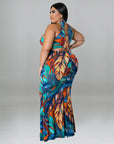Plus Size Women Double Wear Leaf Print Sleeveless Mermaid Bodycon Maxi