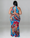 Plus Size Women Double Wear Leaf Print Sleeveless Mermaid Bodycon Maxi