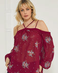 Off Shoulder Embroidery Print Women's Top in Burgundy