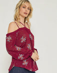 Off Shoulder Embroidery Print Women's Top in Burgundy