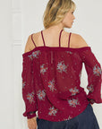 Off Shoulder Embroidery Print Women's Top in Burgundy