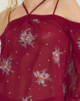 Off Shoulder Embroidery Print Women's Top in Burgundy