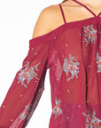 Off Shoulder Embroidery Print Women's Top in Burgundy