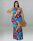 Plus Size Women Double Wear Leaf Print Sleeveless Mermaid Bodycon Maxi