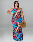 Plus Size Women Double Wear Leaf Print Sleeveless Mermaid Bodycon Maxi