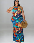 Plus Size Women Double Wear Leaf Print Sleeveless Mermaid Bodycon Maxi