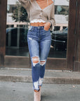 Dark Blue Washed Distressed Pants with Slits Skinny Jeans