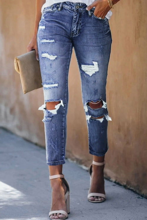 Fading Distressed Pants With Holes Crop Jeans