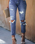 Fading Distressed Pants With Holes Crop Jeans