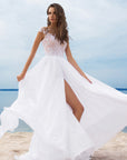 White Lace Chiffon Evening Dress with High Slit