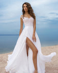 White Lace Chiffon Evening Dress with High Slit