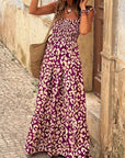 Rose Leopard Ruffle Straps Smocked High Waist Long Dress