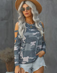 Camouflage Shoulder To Hollow Out Long Sleeve Women's Top