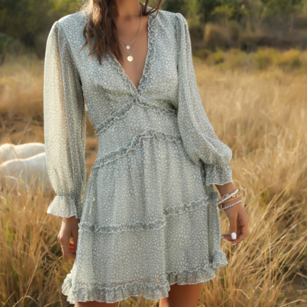 Flowy V-Neck Chiffon Ruffle Dress