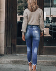 Dark Blue Washed Distressed Pants with Slits Skinny Jeans