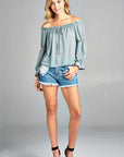 Women's Puff Long Sleeve Ruffled Front Tie Off Shoulder Tops