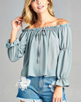 Women's Puff Long Sleeve Ruffled Front Tie Off Shoulder Tops