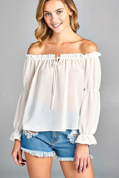 Women&#39;s Puff Long Sleeve Ruffled Front Tie Off Shoulder Tops