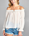 Women's Puff Long Sleeve Ruffled Front Tie Off Shoulder Tops