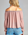 Women's Puff Long Sleeve Ruffled Front Tie Off Shoulder Tops