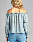 Women's Puff Long Sleeve Ruffled Front Tie Off Shoulder Tops