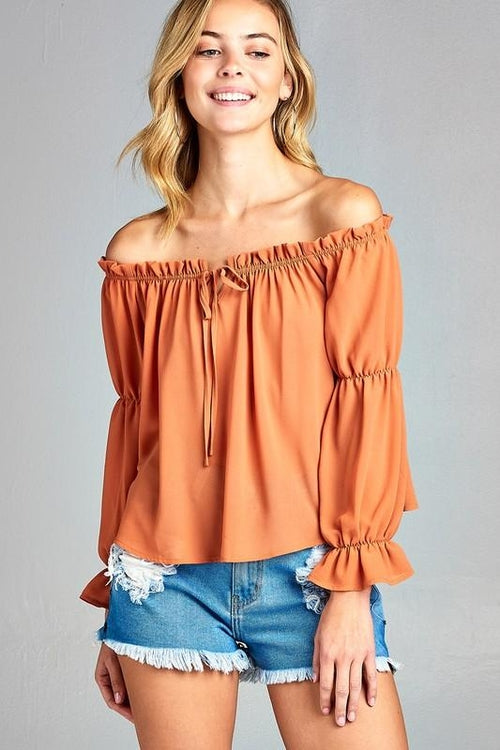 Women&#39;s Puff Long Sleeve Ruffled Front Tie Off Shoulder Tops