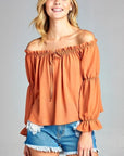 Women's Puff Long Sleeve Ruffled Front Tie Off Shoulder Tops