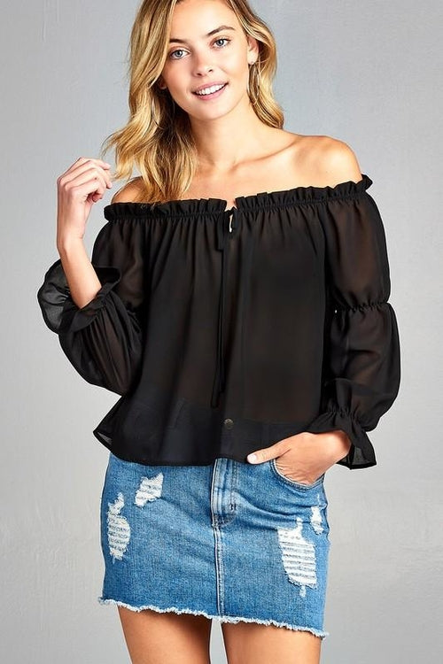 Women&#39;s Puff Long Sleeve Ruffled Front Tie Off Shoulder Tops