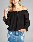 Women's Puff Long Sleeve Ruffled Front Tie Off Shoulder Tops