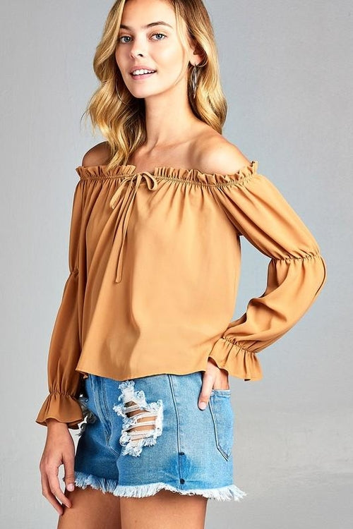 Women&#39;s Puff Long Sleeve Ruffled Front Tie Off Shoulder Tops