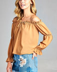 Women's Puff Long Sleeve Ruffled Front Tie Off Shoulder Tops