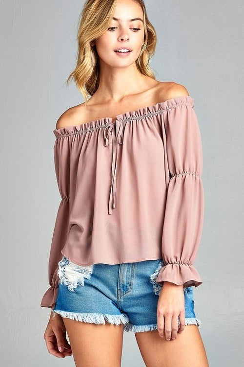 Women&#39;s Puff Long Sleeve Ruffled Front Tie Off Shoulder Tops