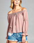 Women's Puff Long Sleeve Ruffled Front Tie Off Shoulder Tops