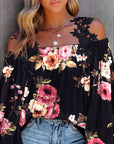 Floral Print Lace Patch Cold Shoulder Tops