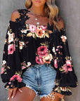 Floral Print Lace Patch Cold Shoulder Tops