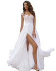 White Lace Chiffon Evening Dress with High Slit
