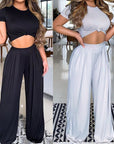 O-neck Crop Top and Wide-leg Pants Two-piece