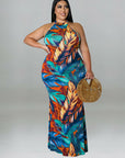 Plus Size Women Double Wear Leaf Print Sleeveless Mermaid Bodycon Maxi