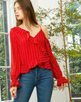 Women's Asymmetrical Shoulder Ruffle Top in Red