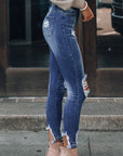 Dark Blue Washed Distressed Pants with Slits Skinny Jeans