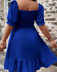 Dark Blue Shirred Ruffled Square Neck Plus Size Mini Dress