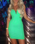 Green sexy short party dress Women v neck mini bodycon