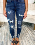 Dark Blue Leopard Patch Pants Distressed Skinny Jeans