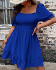 Dark Blue Shirred Ruffled Square Neck Plus Size Mini Dress