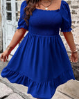 Dark Blue Shirred Ruffled Square Neck Plus Size Mini Dress