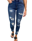 Dark Blue Leopard Patch Pants Distressed Skinny Jeans