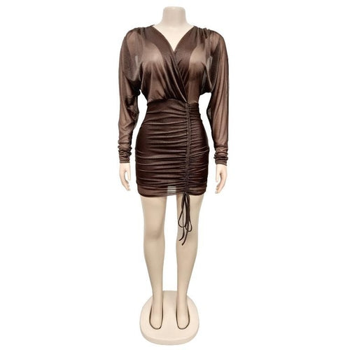 Sexy V-neck pleated transparent dress Women lace up l