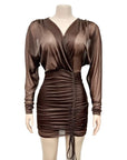 Sexy V-neck pleated transparent dress Women lace up l